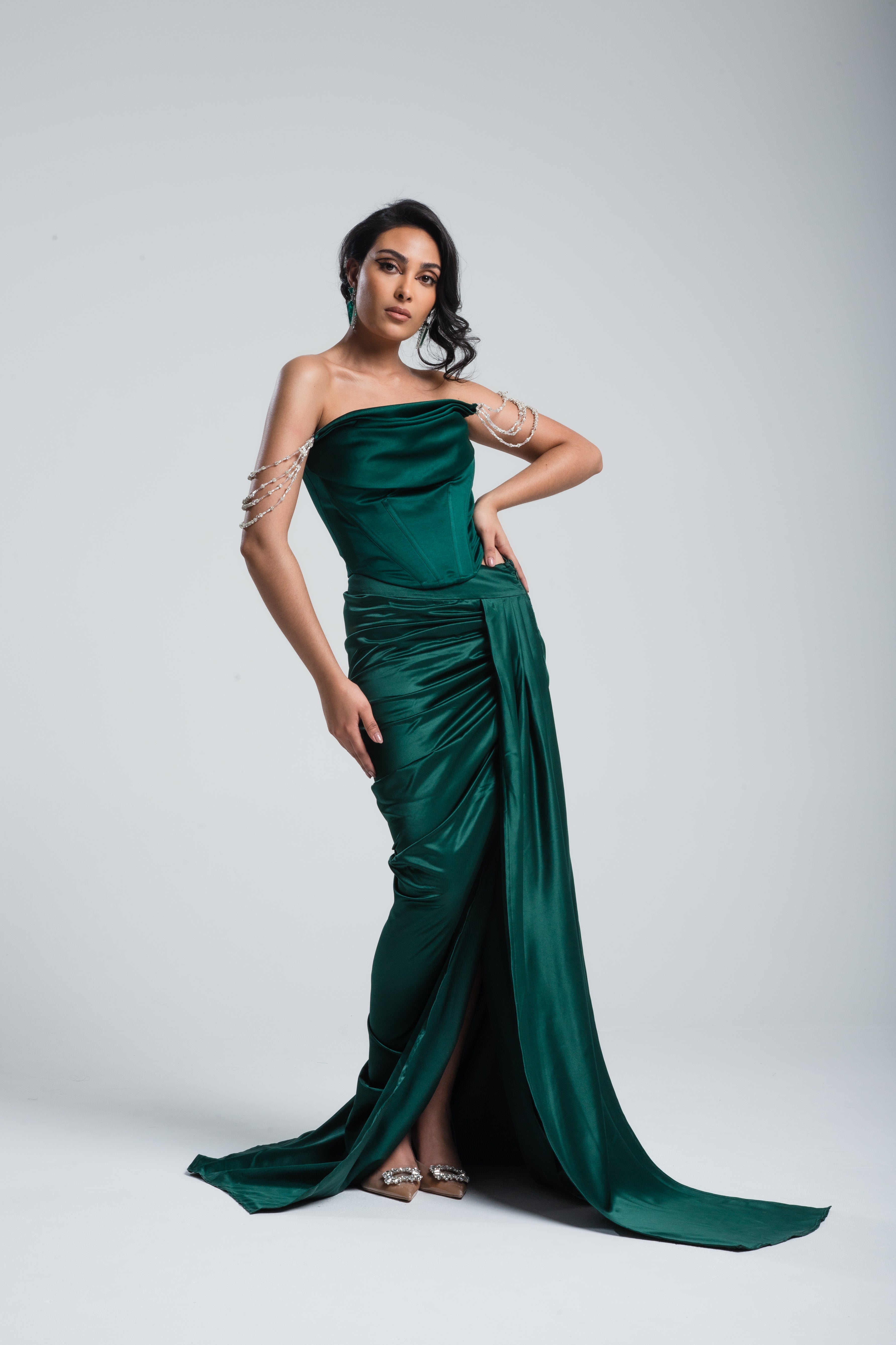 Demi Draped Satin Corset Emerald