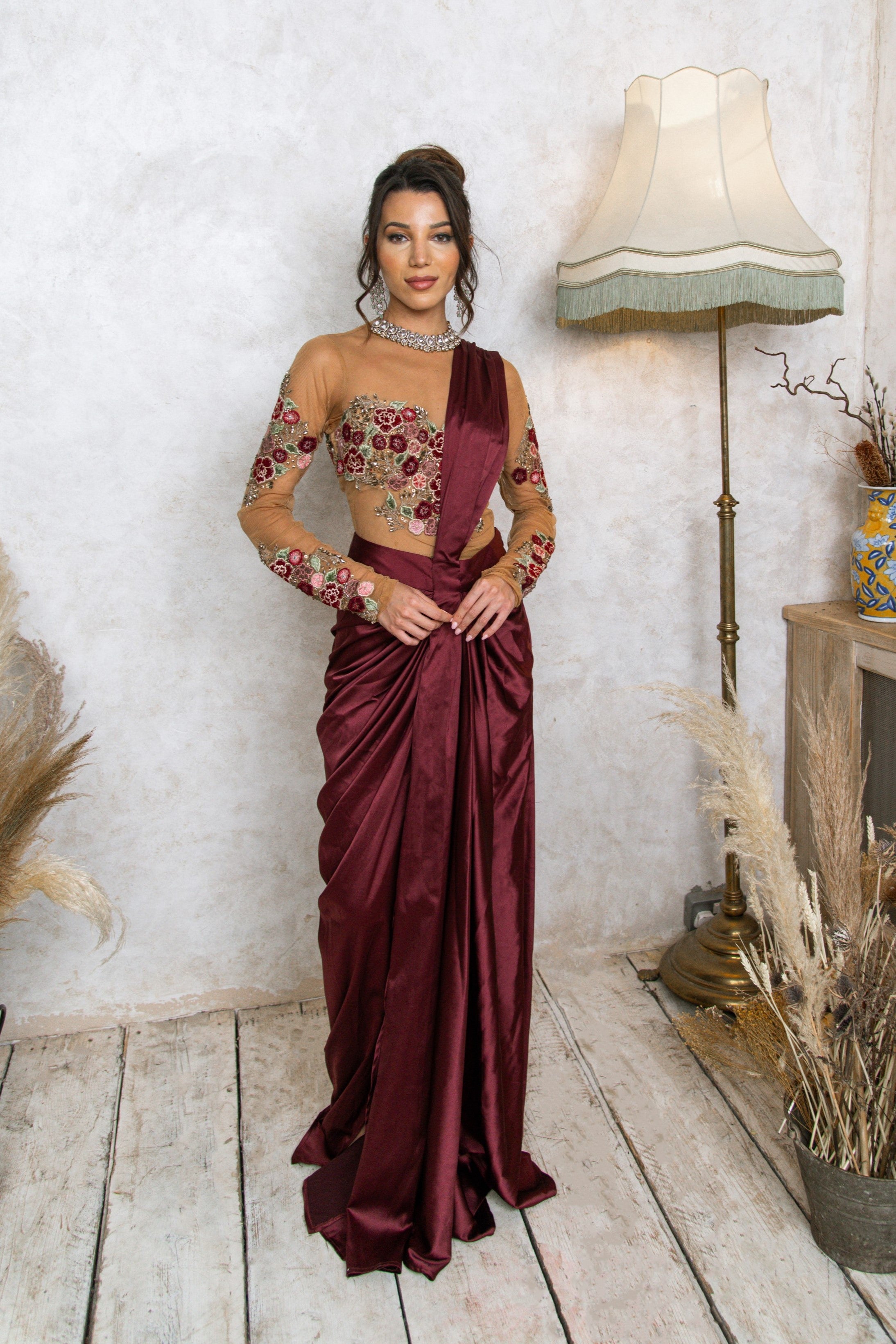The Floral Tulle Top & Draped Saree Skirt in Wine