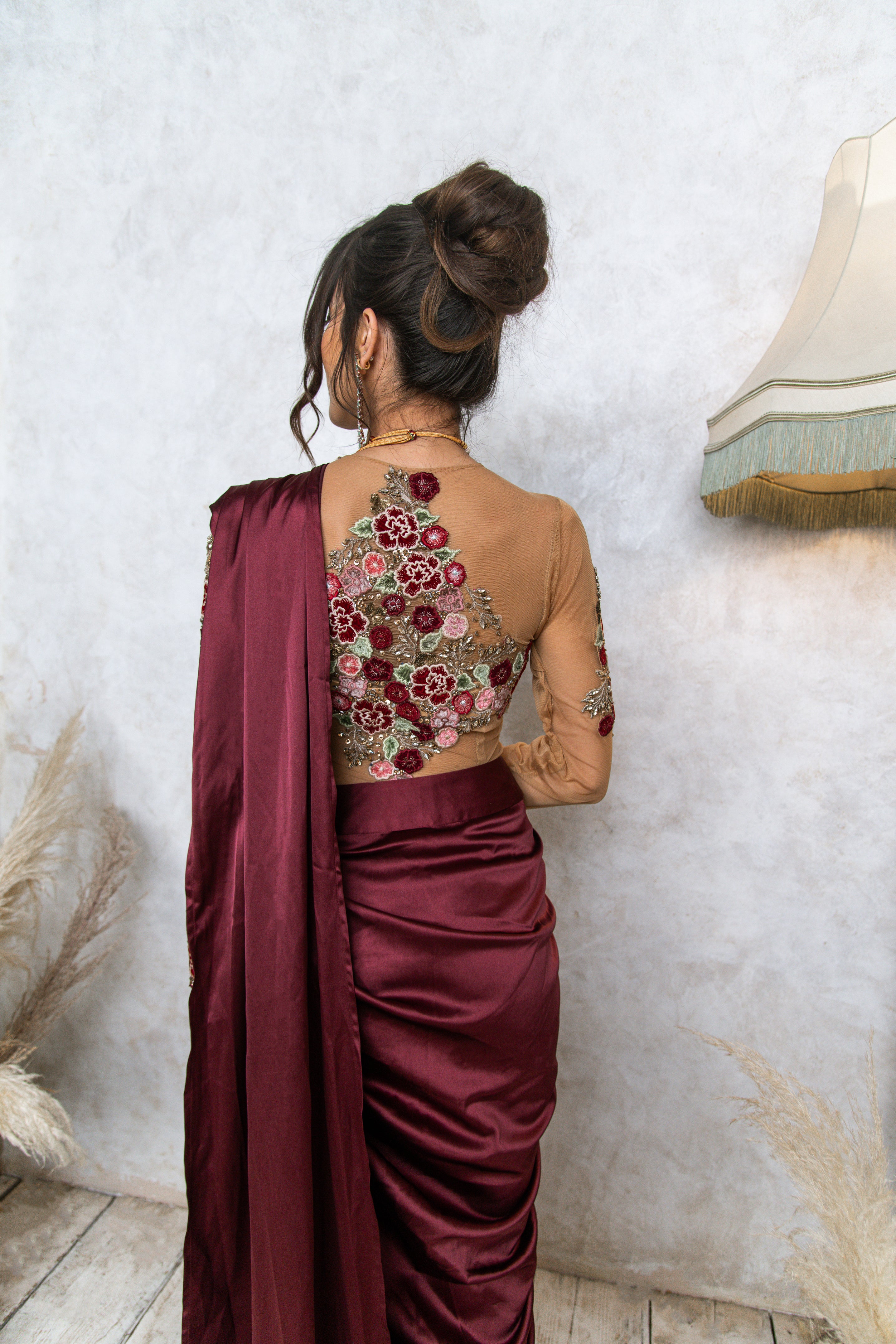 The Floral Tulle Top & Draped Saree Skirt in Wine