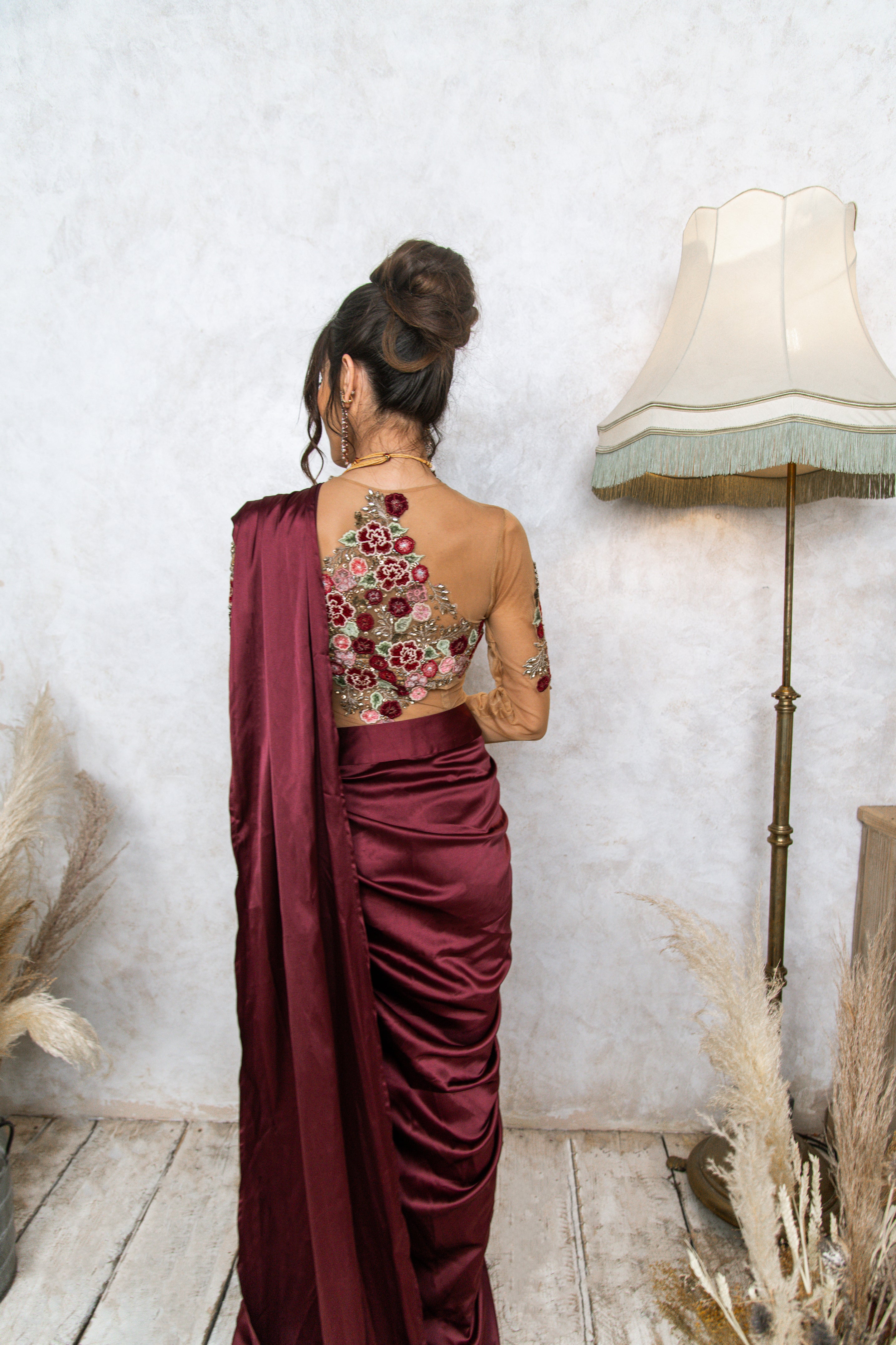 The Floral Tulle Top & Draped Saree Skirt in Wine