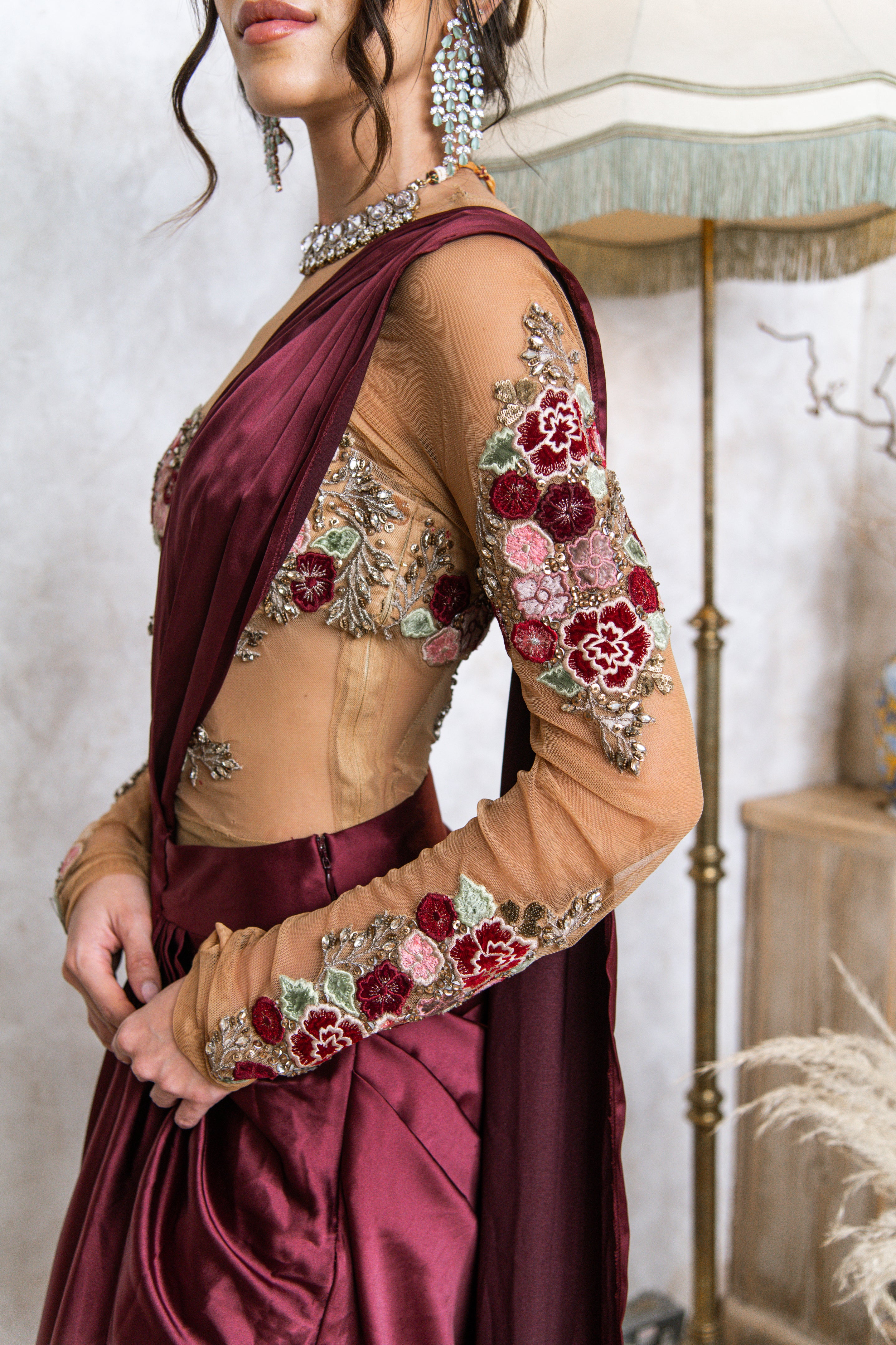 The Floral Tulle Top & Draped Saree Skirt in Wine