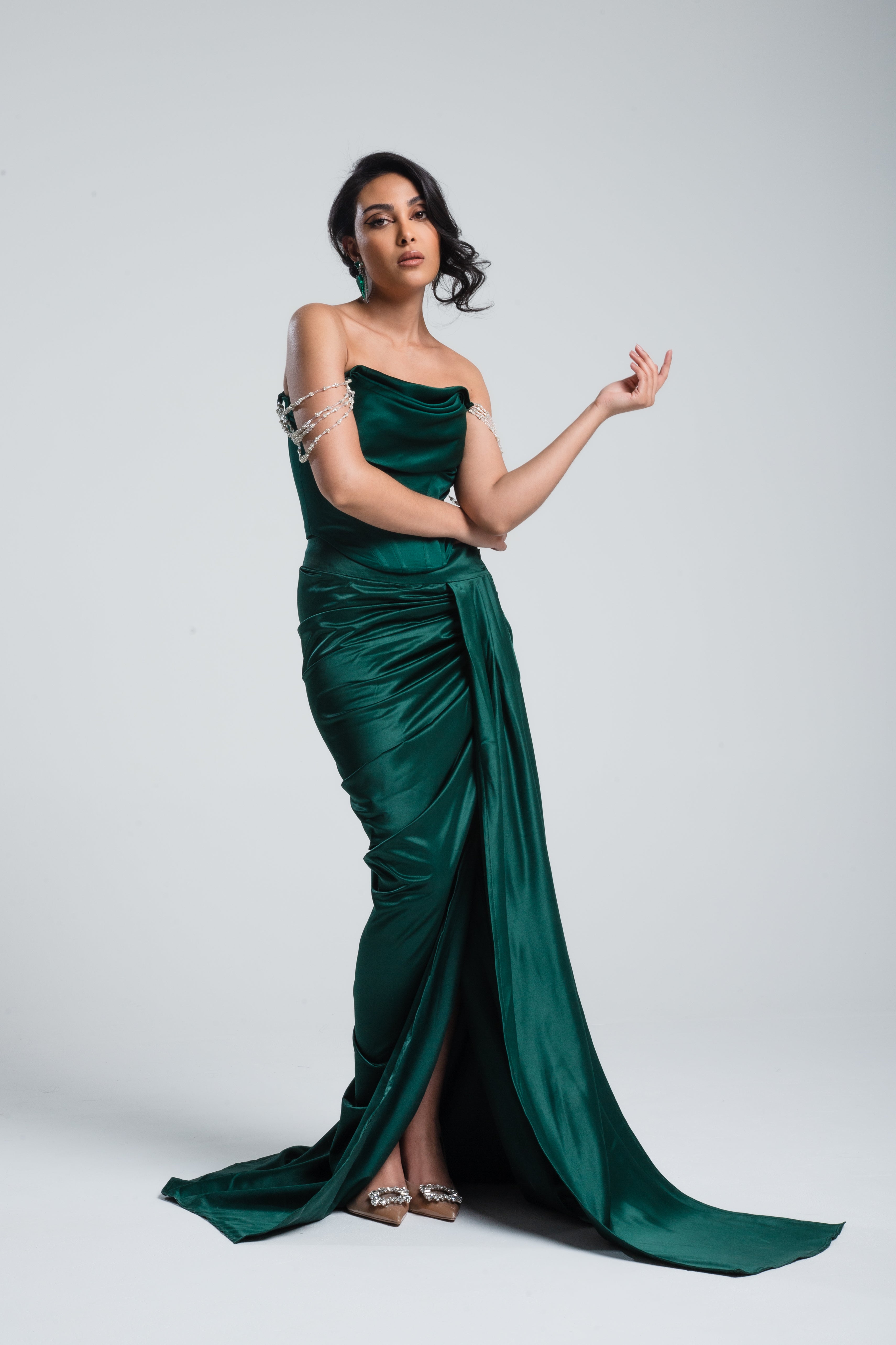 Hestia Draped Satin Skirt Emerald