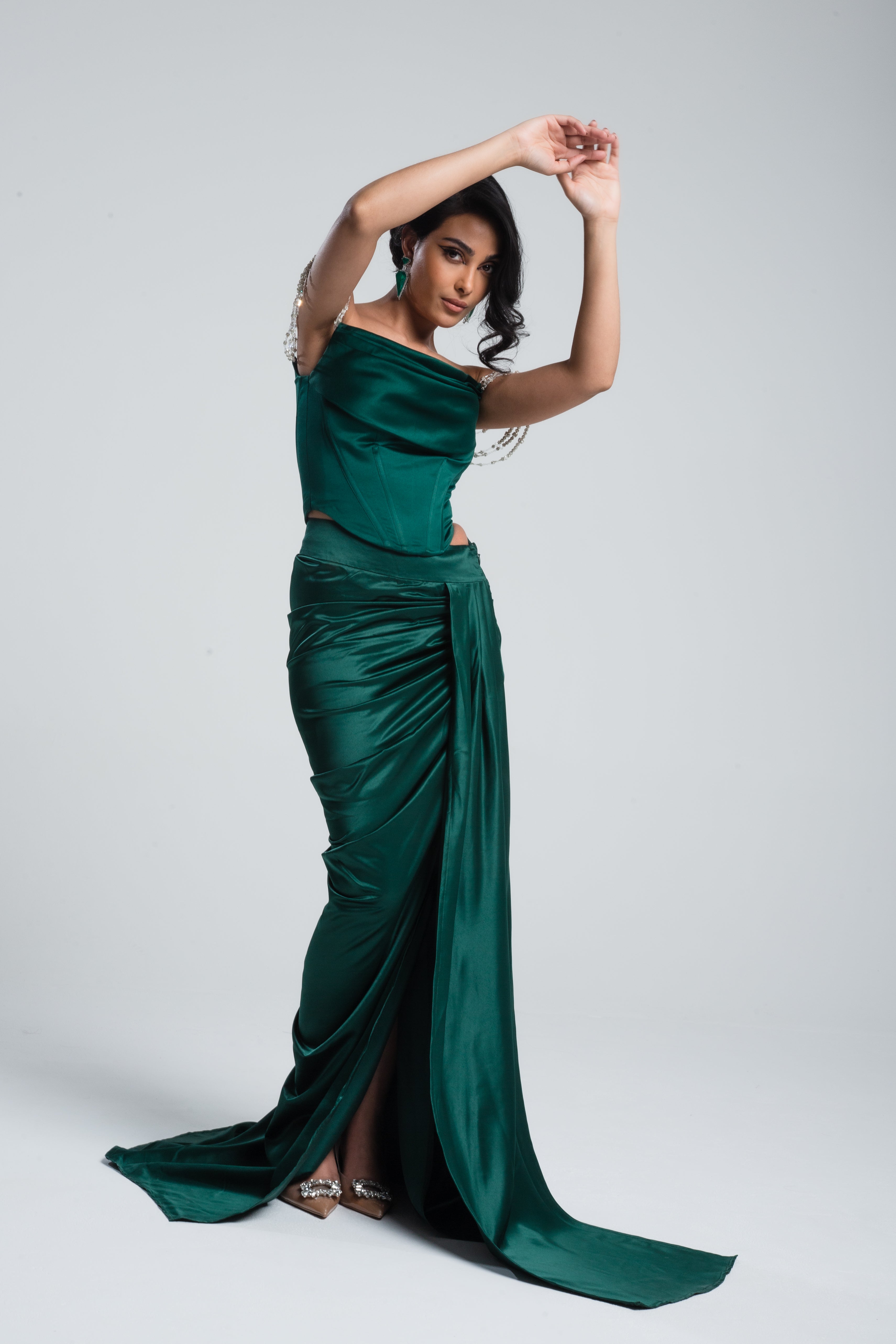 Hestia Draped Satin Skirt Emerald