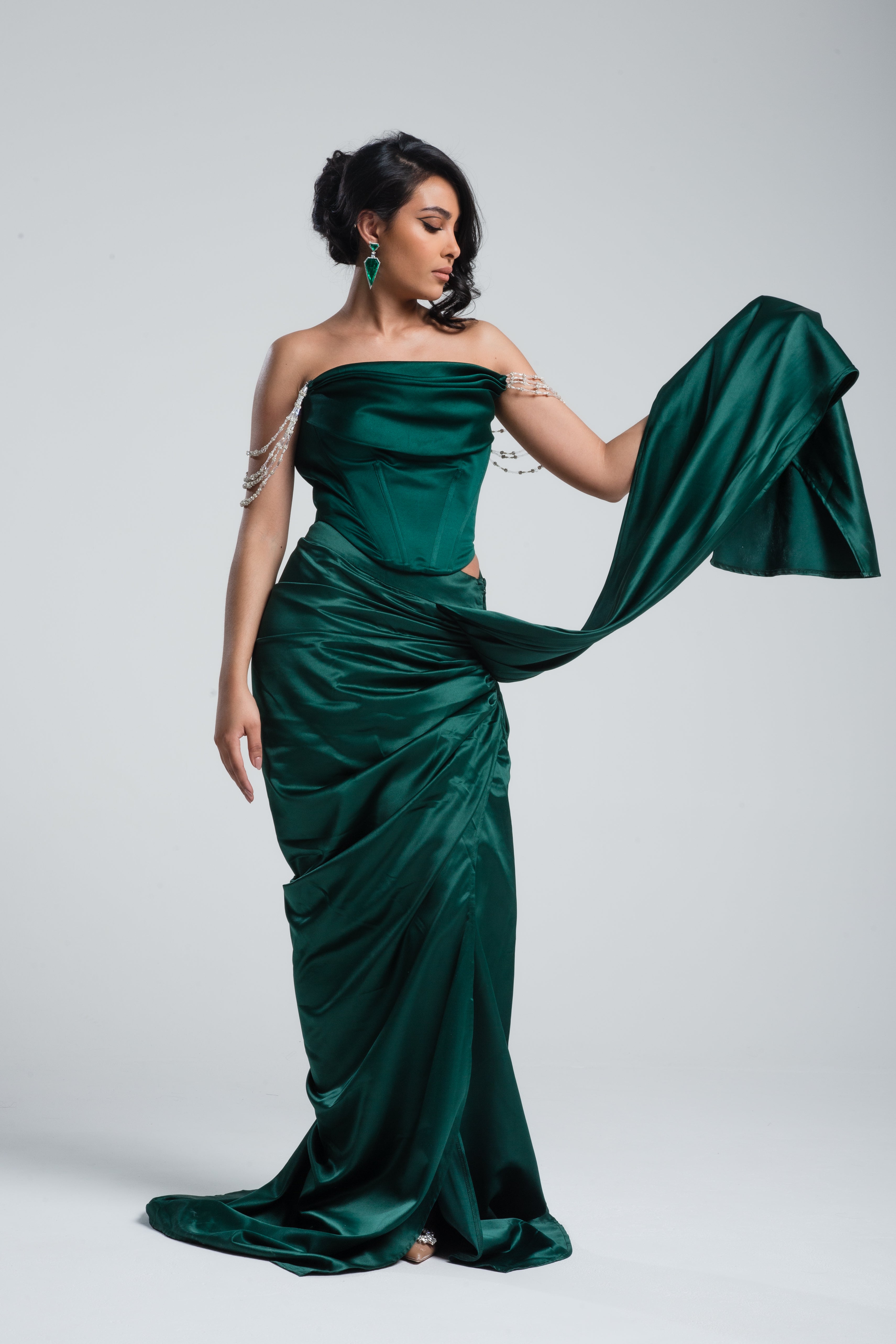 Hestia Draped Satin Skirt Emerald