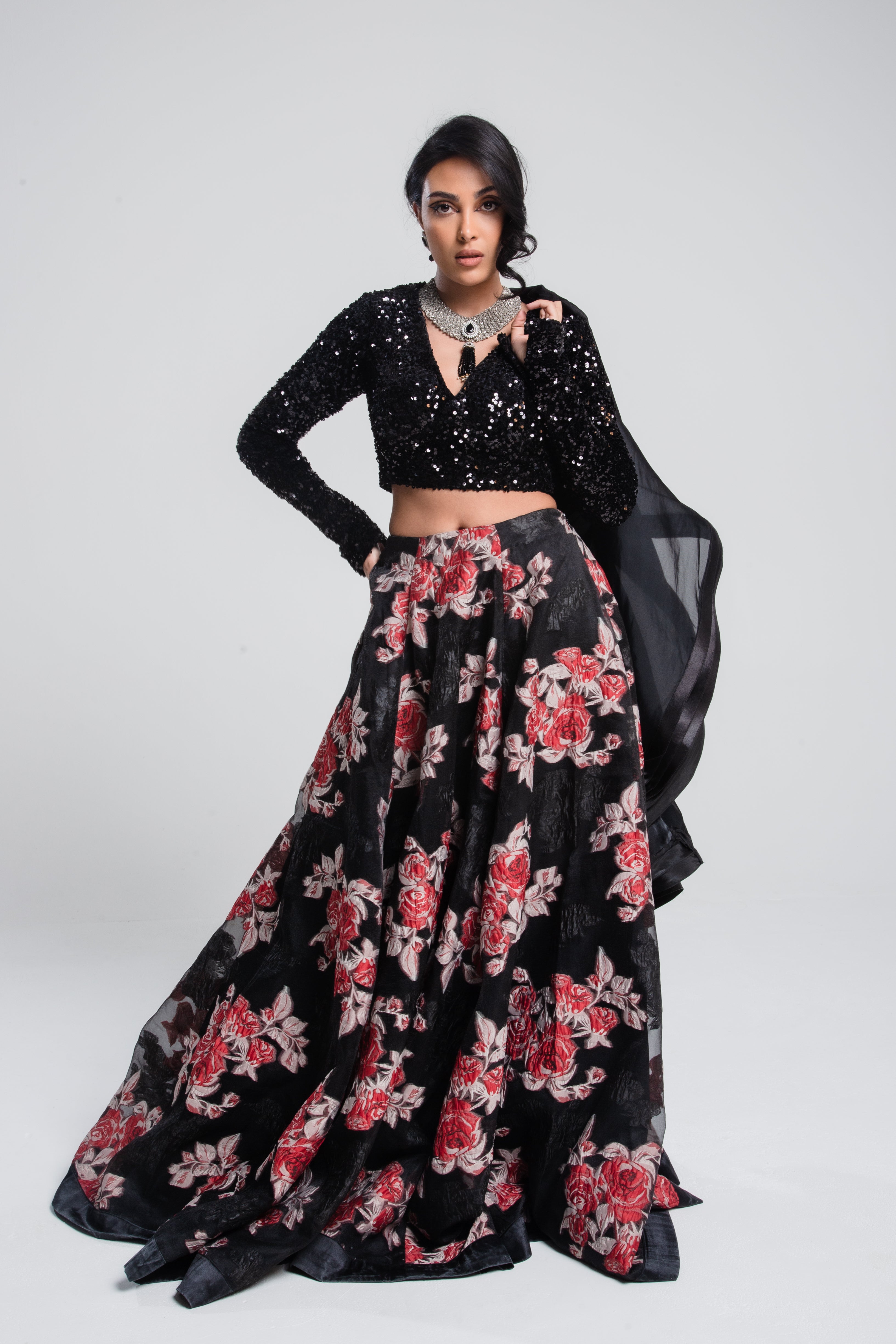 Zaria Jacquard Floral Skirt Red