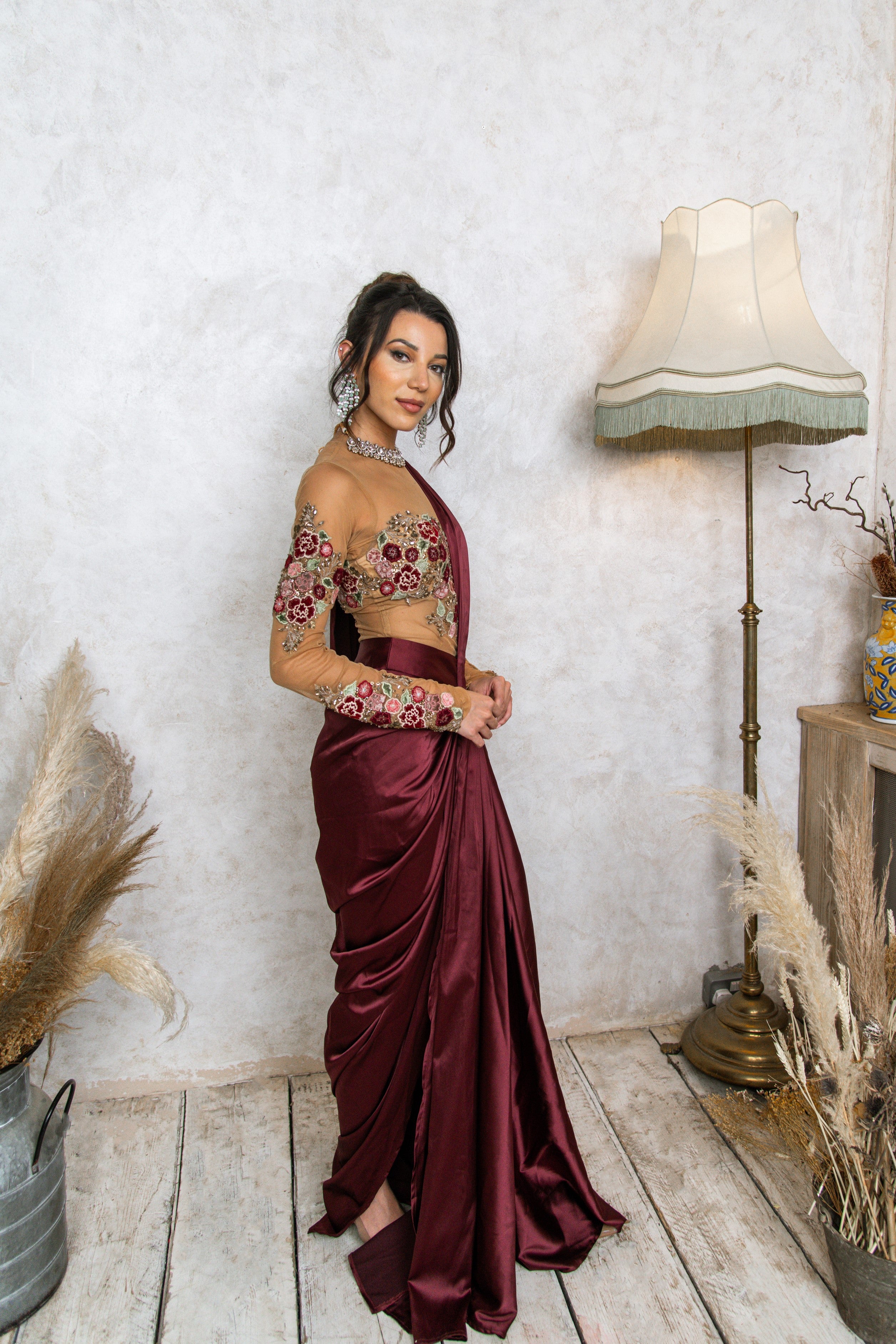 The Floral Tulle Top & Draped Saree Skirt in Wine